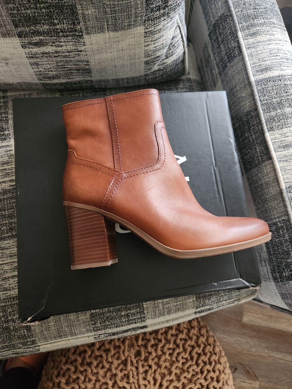 Women's Cognac Leather Block Heel Ankle Boots